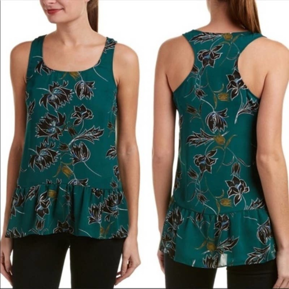 CAbi Women's Zoe Falling Flowers Racerback Peplum Tank Top Blouse Green Size M